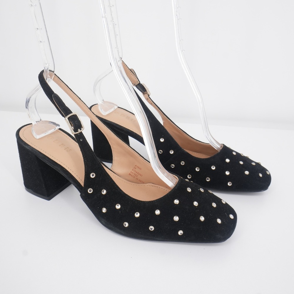 Boden Slingback Pumps Womens 39 Black Suede Studded Block Heel Square Toe Shoes
